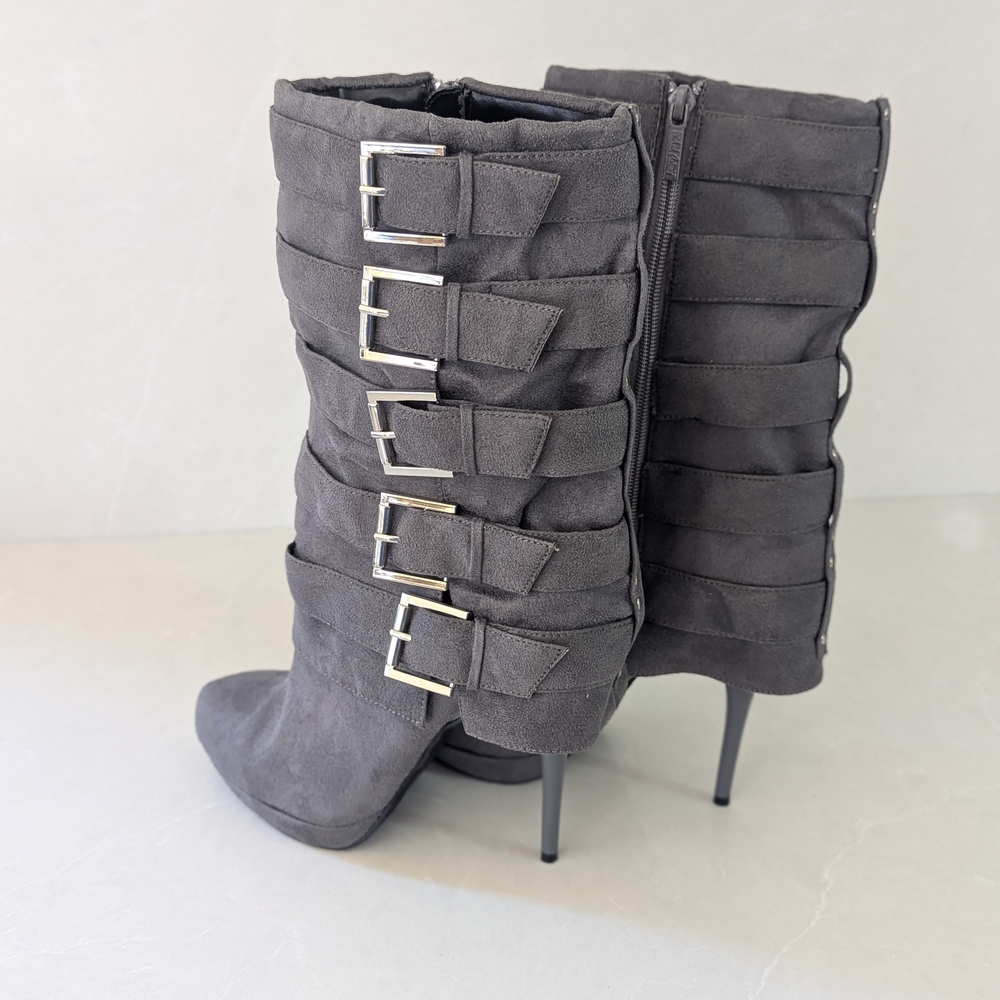Michael Antonio Charcoal Heeled Boots with Buckle Accents - Picture 5 of 8